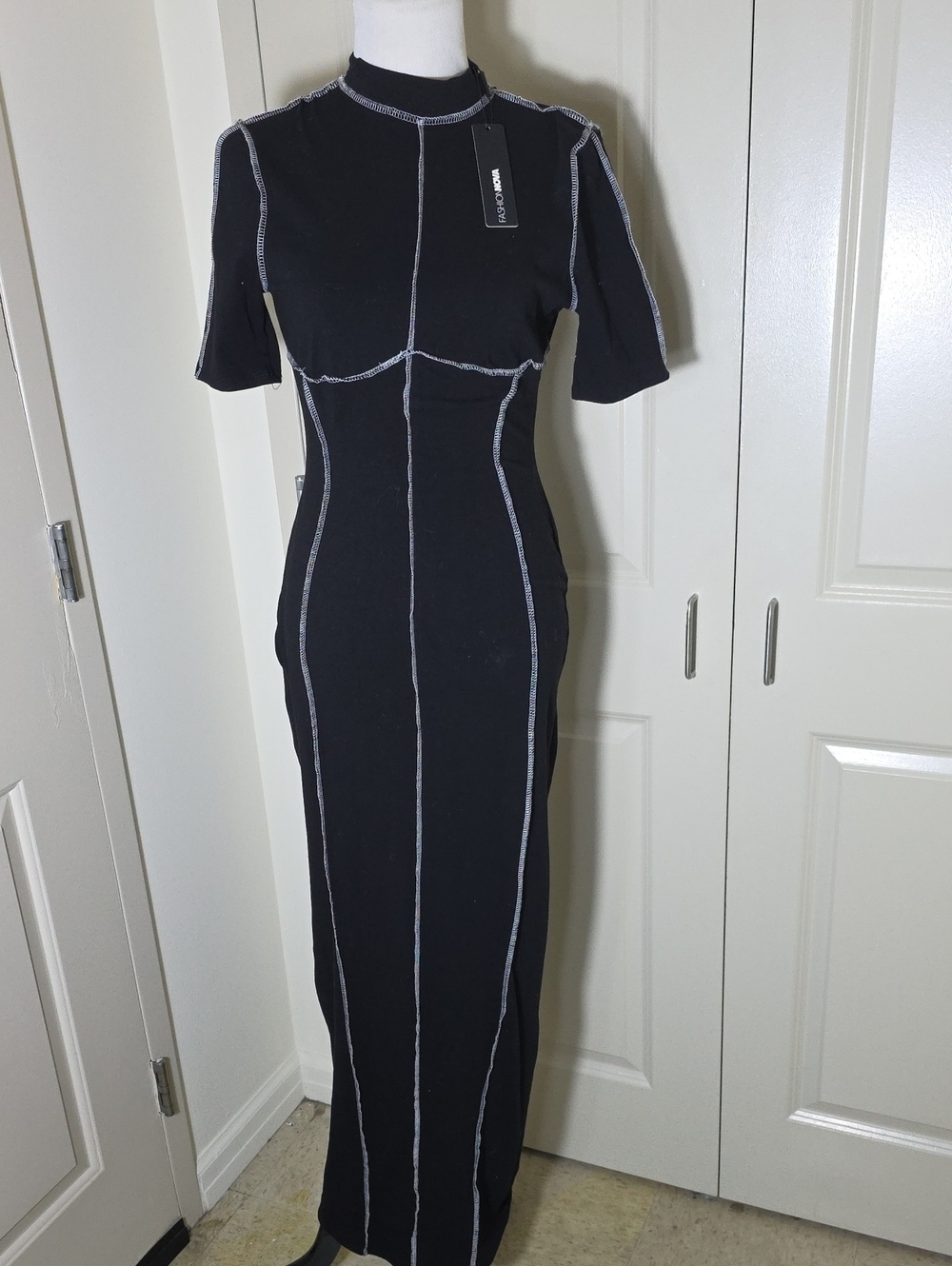 Fashion Nova Black Maxi Dress with White Contrast Stitching